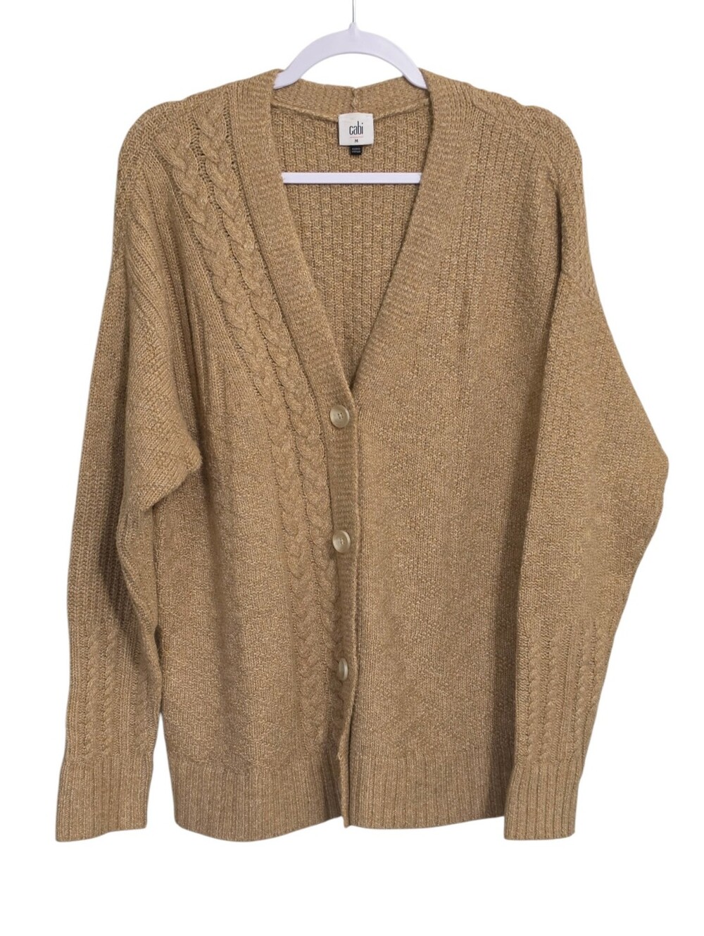 Cabi Tan Cable Knit Cardigan Sweater M Oversized Button Up Cozy